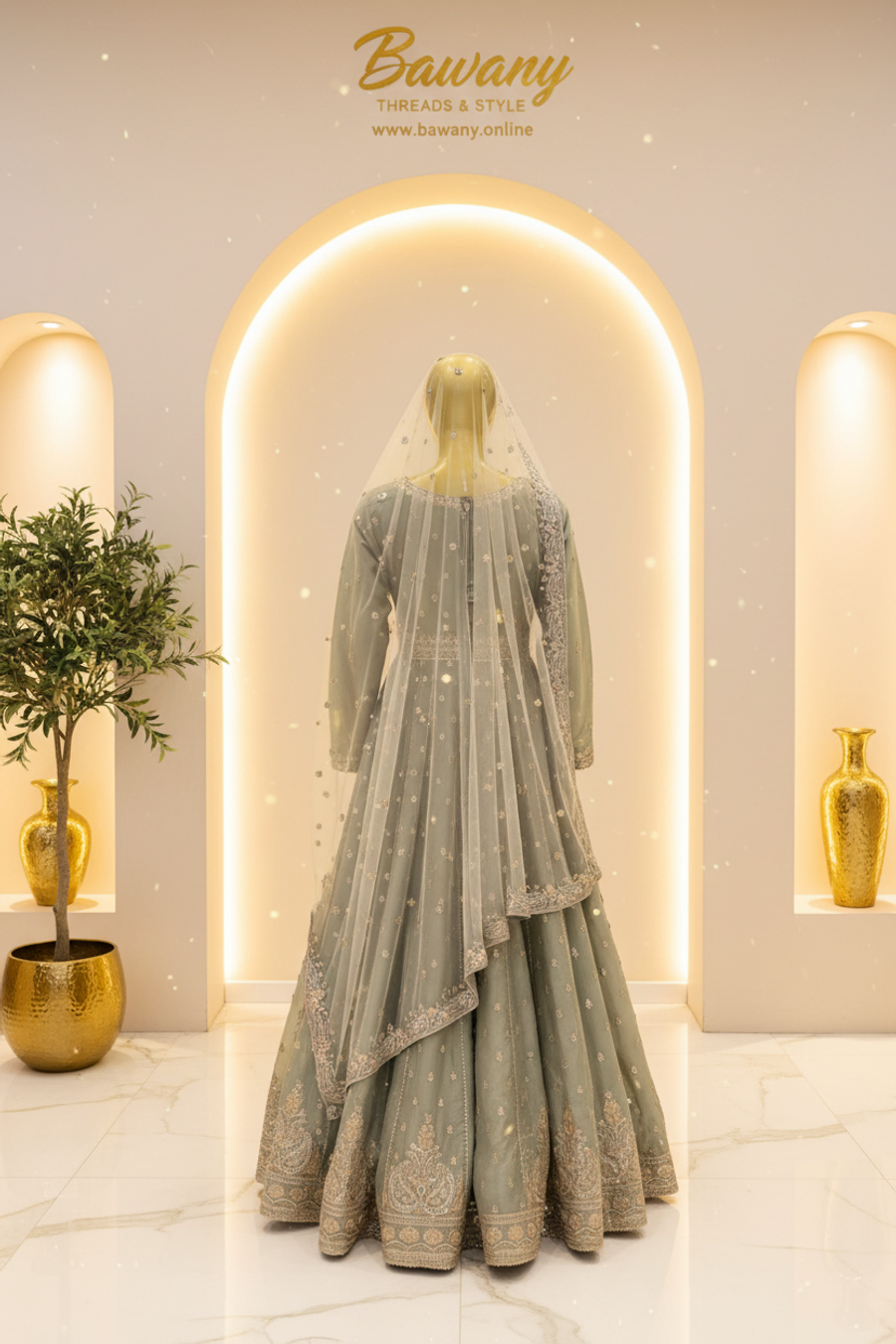 Sage Green Bridal Anarkali Frock | Delicate Chest Motif & Wide Gold Waistband & Panel Seam Lines | 2-Piece Pakistani Bridal Wear | Dusty Sage Silk Organza Frock | Scattered Floral Bouquet Motifs | Ornate Hem Border | Off-White Dupatta | Nikah & Walima Collection — view 3 — Formals by Bawany Threads & Style