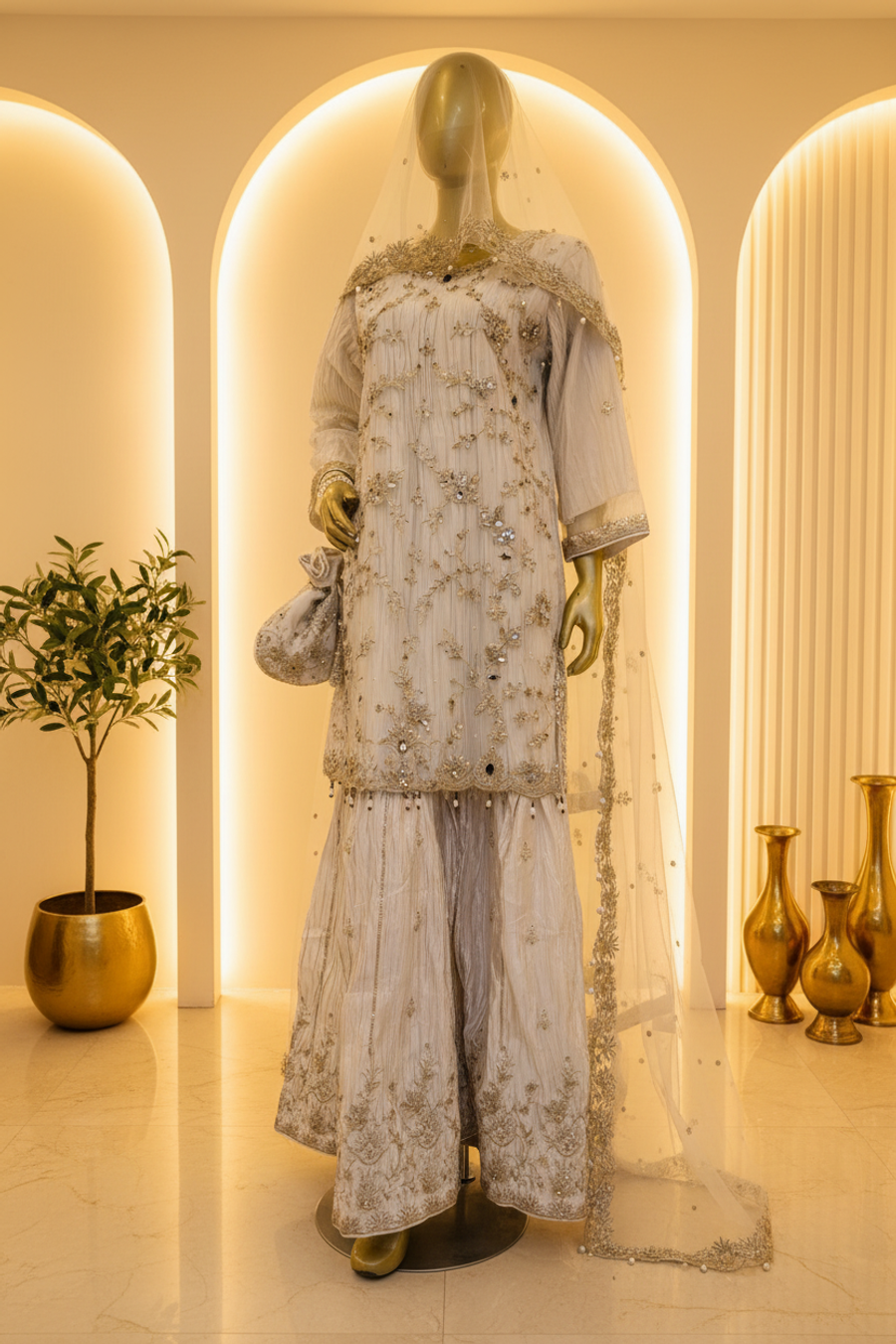 White Ivory Heavy Silver Embroidered Bridal Gharara Set | Nikah & Walima — view 2 — Bridal by Bawany Threads & Style
