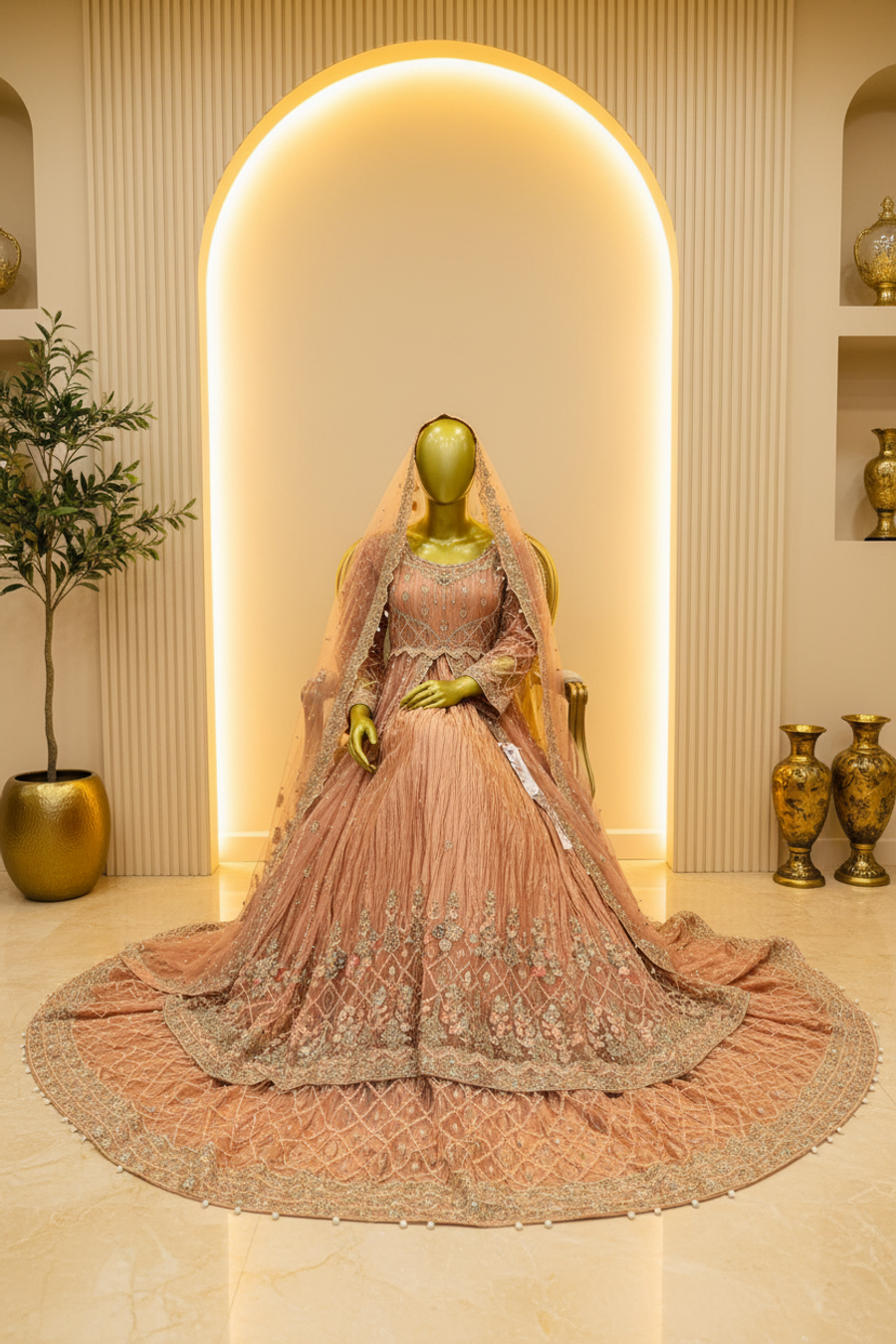Peach-Rose Heavy Embroidered Bridal Anarkali | Gold Zari & Crystal Work — view 3 — Bridal by Bawany Threads & Style