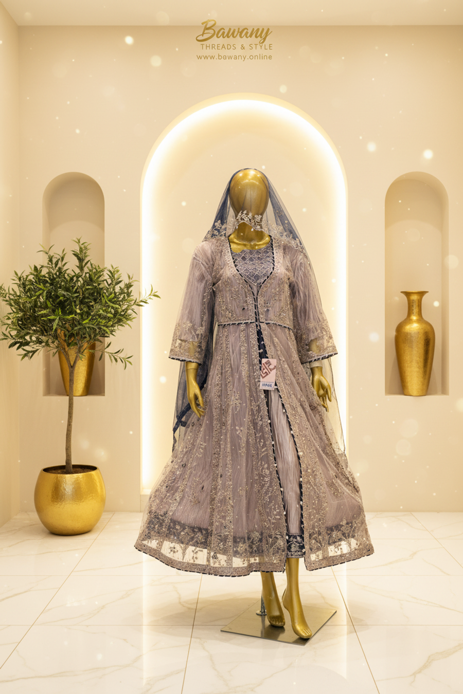 Lavender Grey Bridal Jacket Set | Crinkle Net Open Jacket & Silver Thread Lines & Scalloped Fringe Borders | 3-Piece Pakistani Bridal Wear | Dusty Mauve Wedding Jacket | Navy Blue Dupatta | Diamond Lattice Inner Bodice | Nikah & Walima Collection — view 3 — Formals by Bawany Threads & Style