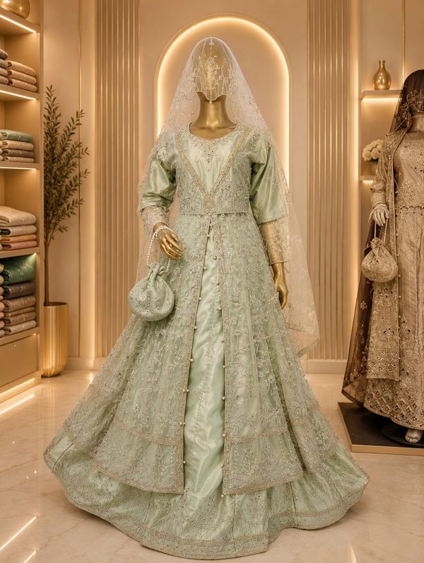 Sage Green Heavy Embroidered Bridal Gown with Veil & Potli Bag | Pakistani Walima & Wedding Dress — Bridal by Bawany Threads & Style