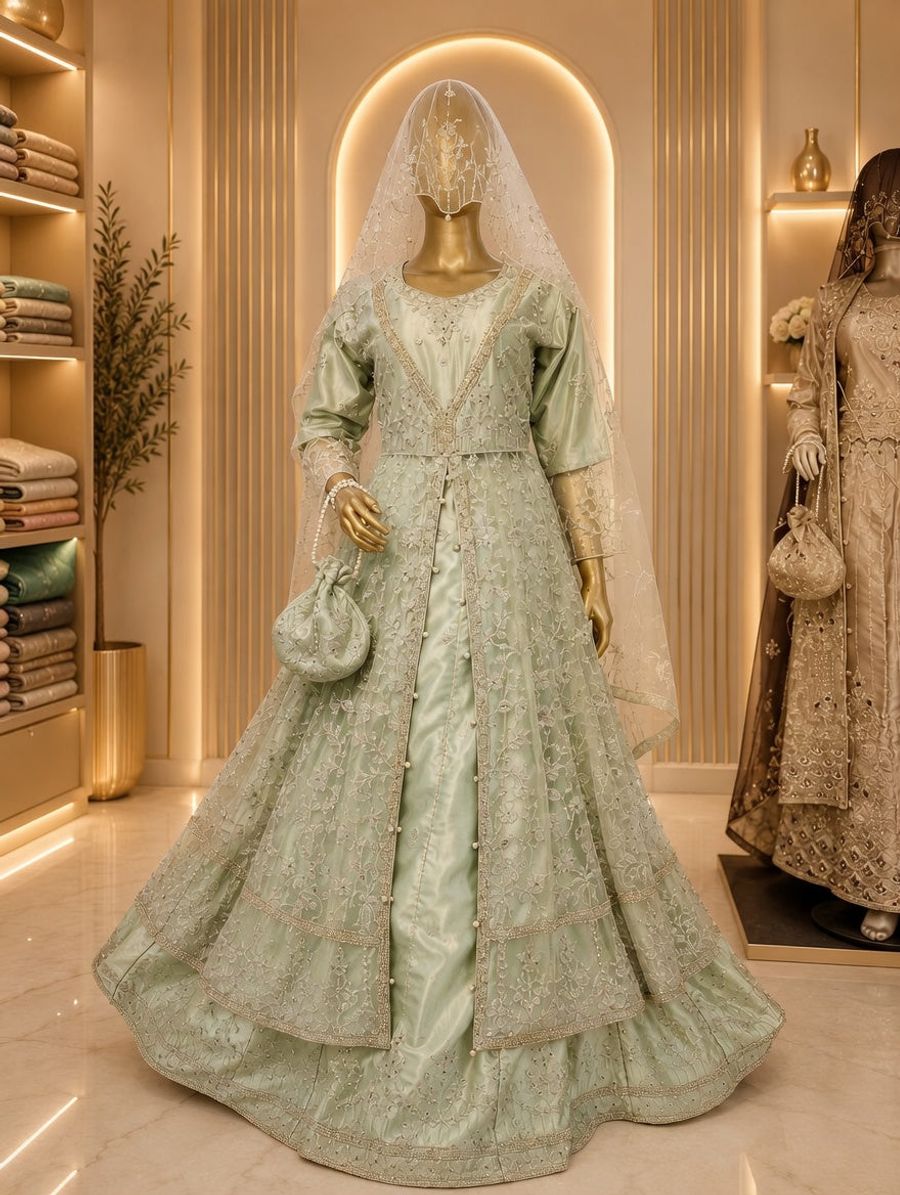 Sage Green Heavy Embroidered Bridal Gown with Veil & Potli Bag | Pakistani Walima & Wedding Dress — Bridal by Bawany Threads & Style