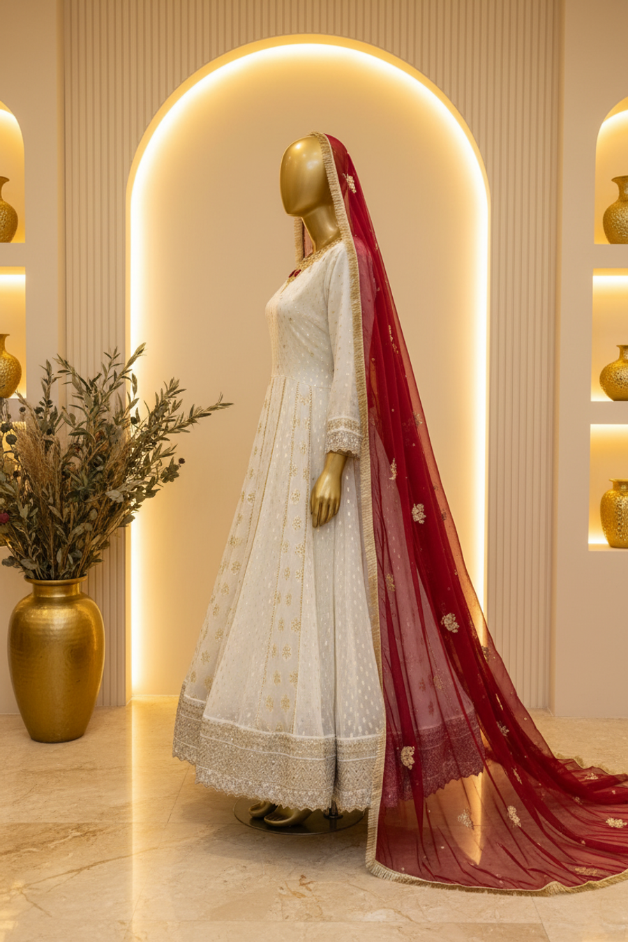 Pearl White Gold Tilla Anarkali Gown with Crimson Red Dupatta — view 2 — Bridal by Bawany Threads & Style