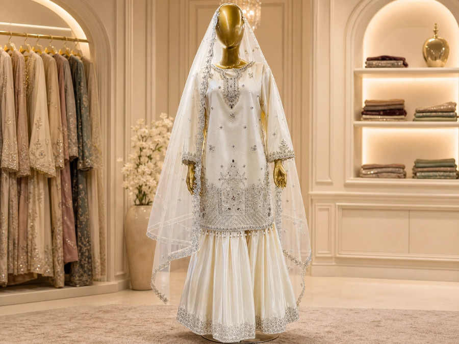 Ivory Pearl Gharara Set – Silver Embroidered Bridal 3-Piece — view 4 — Bridal by Bawany Threads & Style
