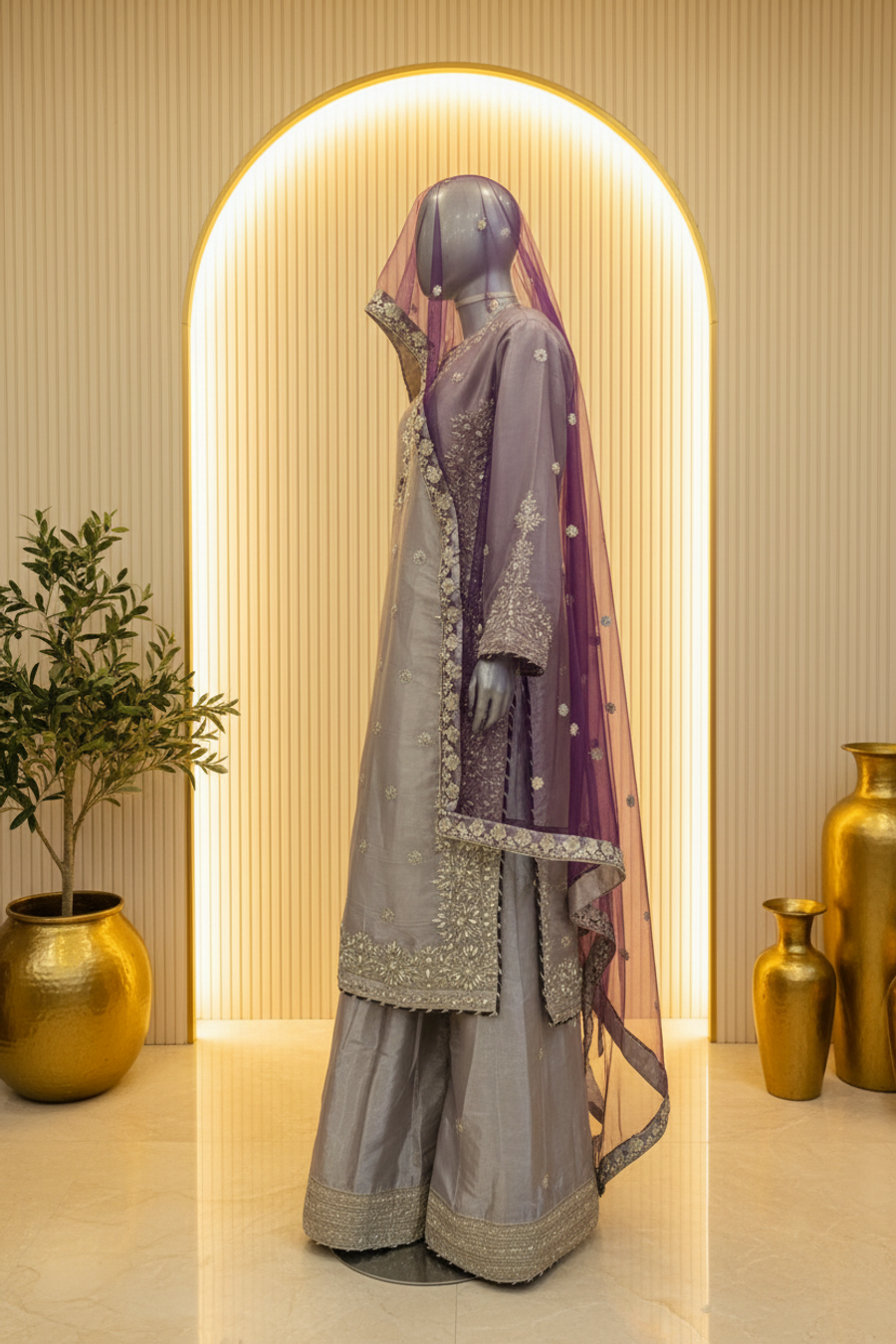 Silver Grey Organza 3-Piece Suit | Silver Crystal Booti & Purple Net Dupatta — view 2 — Net by Bawany Threads & Style