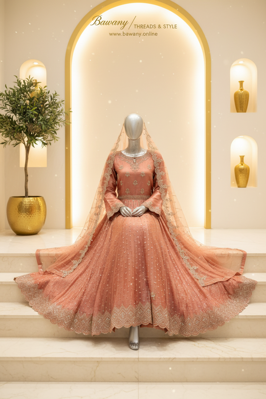 Dusty Rose Bridal Anarkali Gown | Grid Sequin Skirt & Scalloped Zardozi Cuff & Hem Border | 2-Piece Pakistani Bridal Wear | Terracotta Pink Wedding Gown | Matching Salmon Dupatta | Walima & Nikah Collection — view 2 — Formals by Bawany Threads & Style