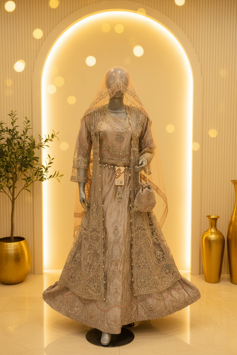 Silver Grey Net Lehenga Set with Embroidered Jacket | Pearl Tassel Belt & Potli Bag — view 3 — Bridal by Bawany Threads & Style