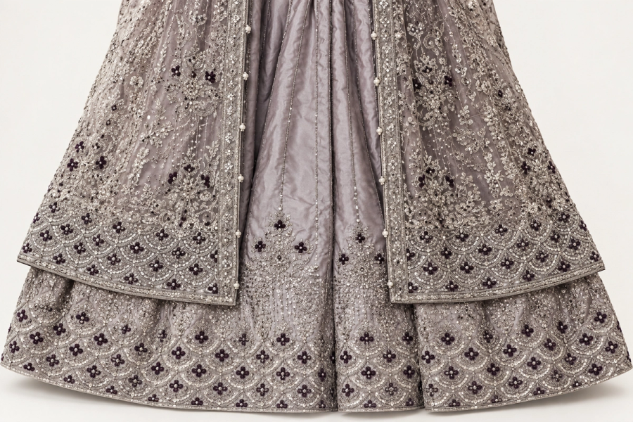 Smoky Mauve Grey Wine Rose Ensemble | Metallic Floral Embroidery & Dark Floral Accents | Open-Front Layered Dress | Burgundy Veil & Pearl-Handled Potli | BAWANY Threads & Style — view 3 — Bridal by Bawany Threads & Style