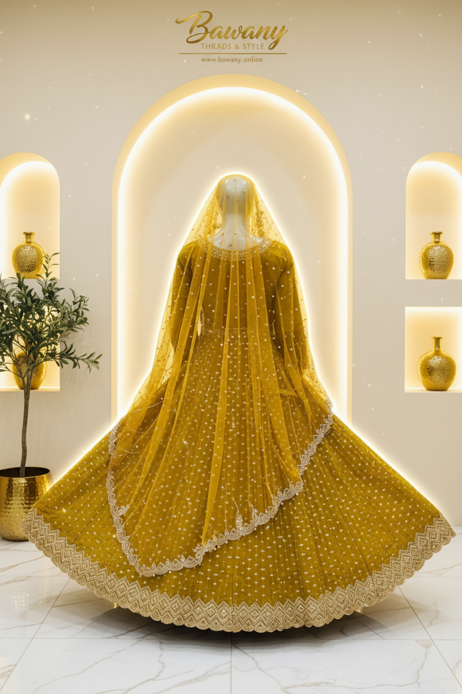 Mustard Yellow Bridal Anarkali Gown | Gold Zardozi Bouquet Motifs & Scalloped Zigzag Hem | 2-Piece Pakistani Formal Wear | Golden Olive Wedding Gown | Mehndi & Walima Collection — view 4 — Organza by Bawany Threads & Style