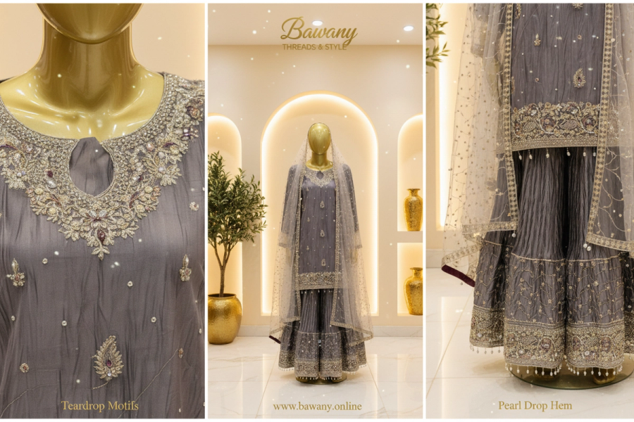 Steel Grey Bridal Sharara Set | Silver Zardozi Teardrop Motifs & Pearl Drop Hem Border | 3-Piece Pakistani Formal Wear | Slate Grey Wedding Sharara | Cream Dupatta | Walima & Nikah Collection — view 4 — Formals by Bawany Threads & Style
