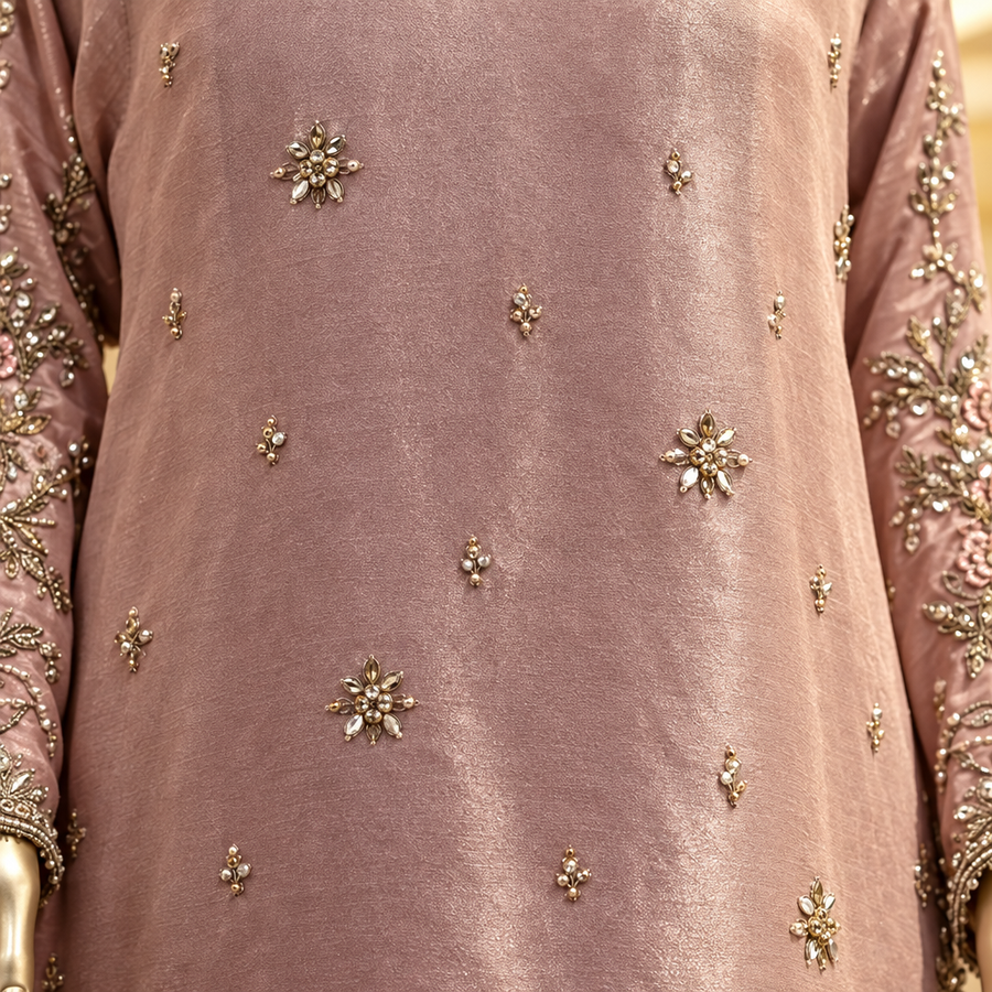 Dusty Mauve Pakistani Suit | Silver-Gold Floral Embroidery | 3 Piece Formal Kameez Trouser Set | Sheer Blush Dupatta | Occasion Collection — view 3 — Organza by Bawany Threads & Style
