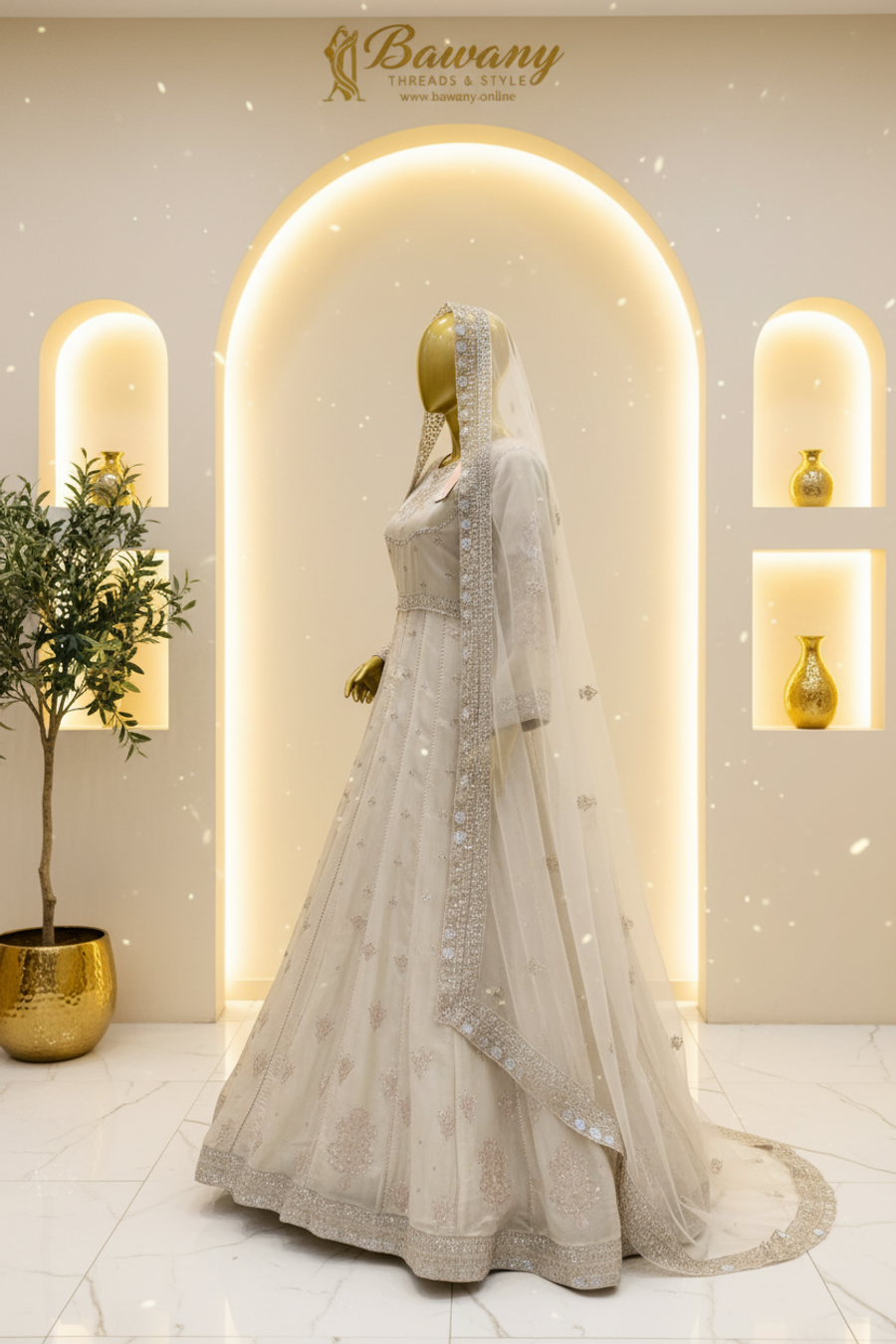 Pearl White Bridal Anarkali Frock | Delicate Chest Floral Motif & Wide Silver Waistband & Panel Seam Lines | 2-Piece Pakistani Bridal Wear | Off-White Ivory Silk Organza Frock | Scattered Fleur-de-lis Motifs | Heavy Ivory Dupatta | Nikah & Walima Collection — view 4 — Organza by Bawany Threads & Style