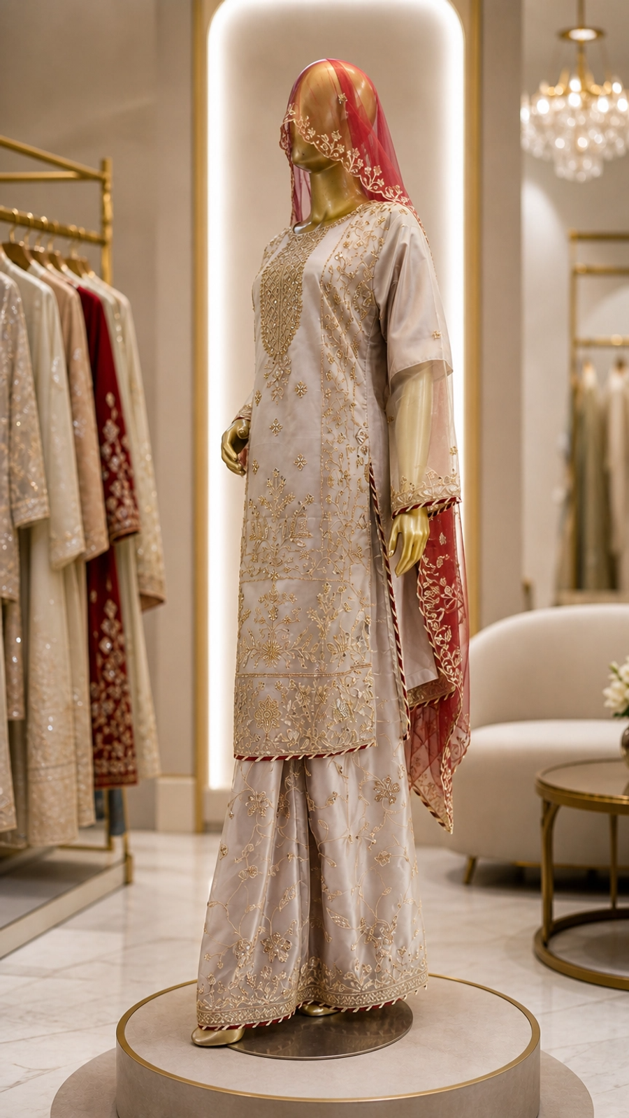 Dusty Rose Embroidered Nikah Suit | Gold Zari 3-Piece — view 3 — Bridal by Bawany Threads & Style