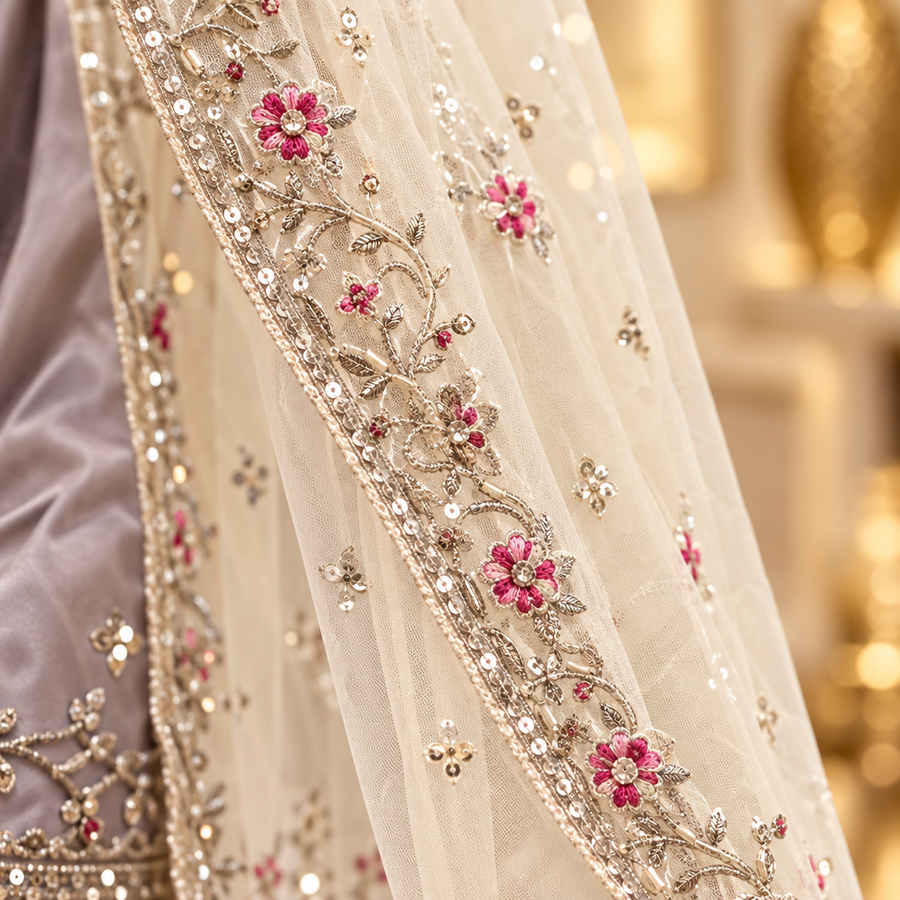 Lilac Grey Embroidered Ensemble | Floral Kameez & Printed Flared Trousers | Pakistani Formal Outfit | Sheer Floral Dupatta & Potli | BAWANY Collection — view 4 — Bridal by Bawany Threads & Style