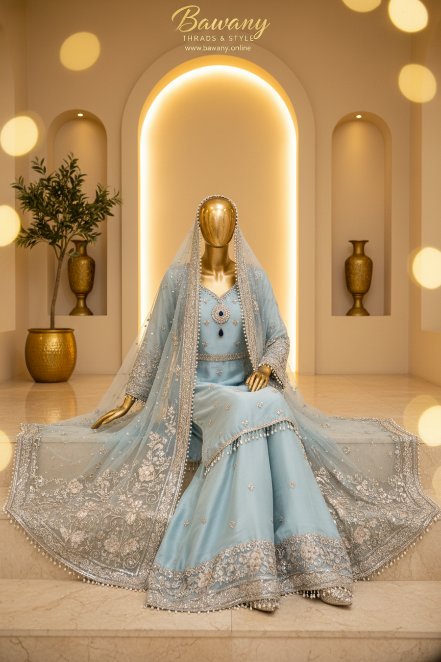Ice Blue Bridal Palazzo Suit | Silver Zardozi Open Front Jacket & Stone Drop Medallion | 3-Piece Pakistani Formal Wear | Powder Blue Wedding Suit | Walima & Nikah Collection — view 4 — Organza by Bawany Threads & Style