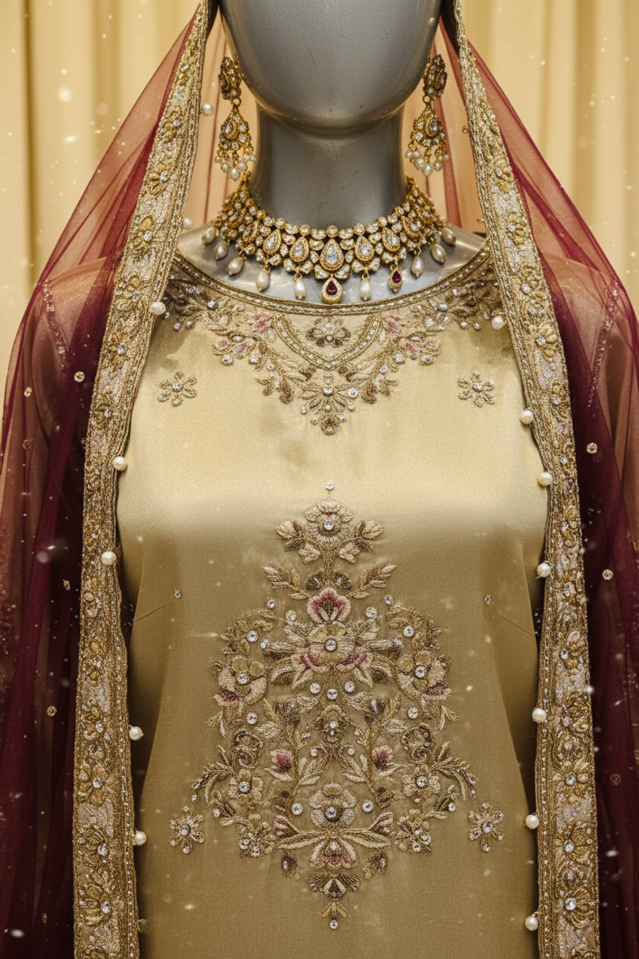 Champagne Gold Silk Suit with Deep Burgundy Gharara | Gold Zardozi Floral Embroidery — view 4 — Bridal by Bawany Threads & Style