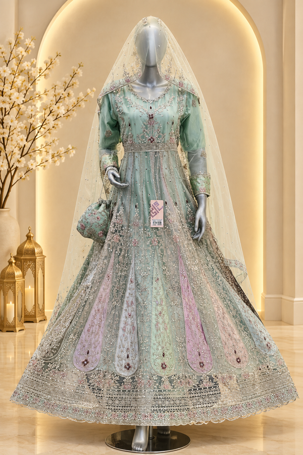 Mint Seafoam Embroidered Gown | Lavender & Blush Panelled Skirt | Pakistani Formal Gown | Silver Work, Ivory Veil & Matching Potli | Formal Collectio — Formals by Bawany Threads & Style