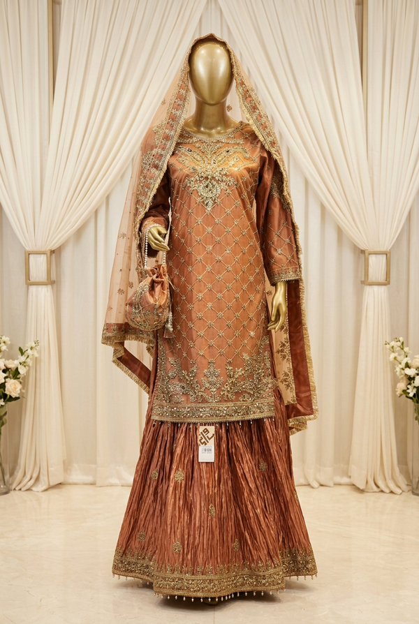 Copper Rust Golden Lattice | Ornate Floral Embroidery | Pakistani Formal Kameez Ensemble | Crinkled Flare, Bordered Dupatta & Matching Potli | BAWANY Collection — Tissue by Bawany Threads & Style