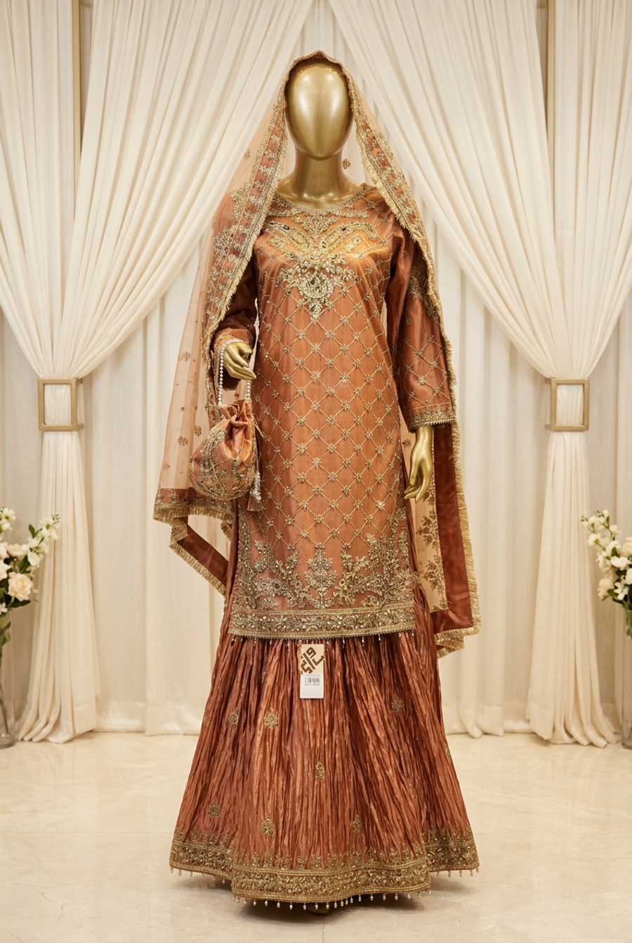 Copper Rust Golden Lattice | Ornate Floral Embroidery | Pakistani Formal Kameez Ensemble | Crinkled Flare, Bordered Dupatta & Matching Potli | BAWANY Collection — Tissue by Bawany Threads & Style