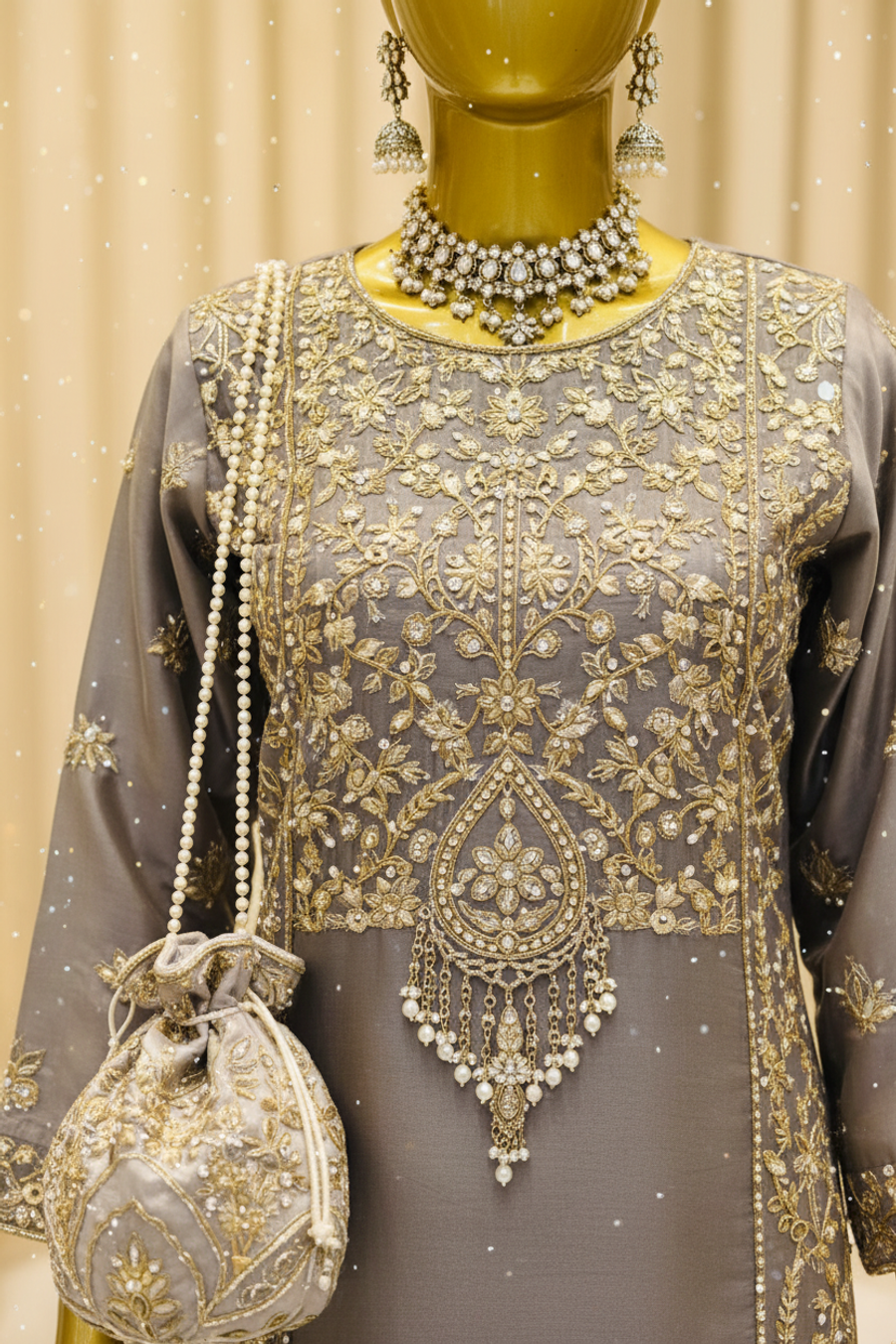 Steel Grey Silk Gharara Set | Gold Zardozi Front Panel & Pearl Tassel Drops — view 2 — Bridal by Bawany Threads & Style