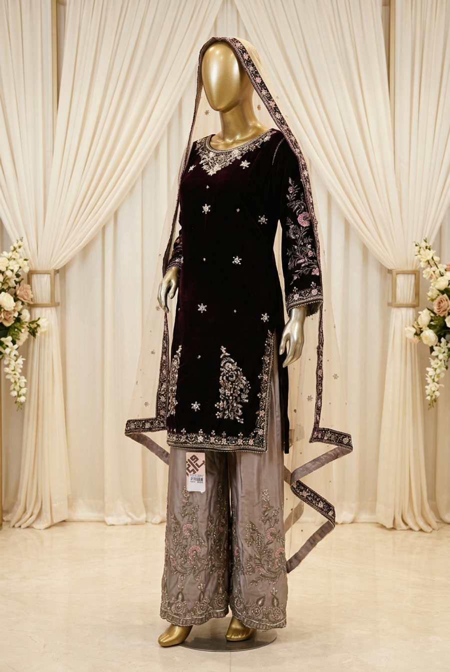Deep Burgundy Wine Bloom | Silver Floral Embroidery | Pakistani Formal Kameez Ensemble | Taupe Flared Trousers & Ivory Dupatta | BAWANY Collection — view 3 — Formals by Bawany Threads & Style