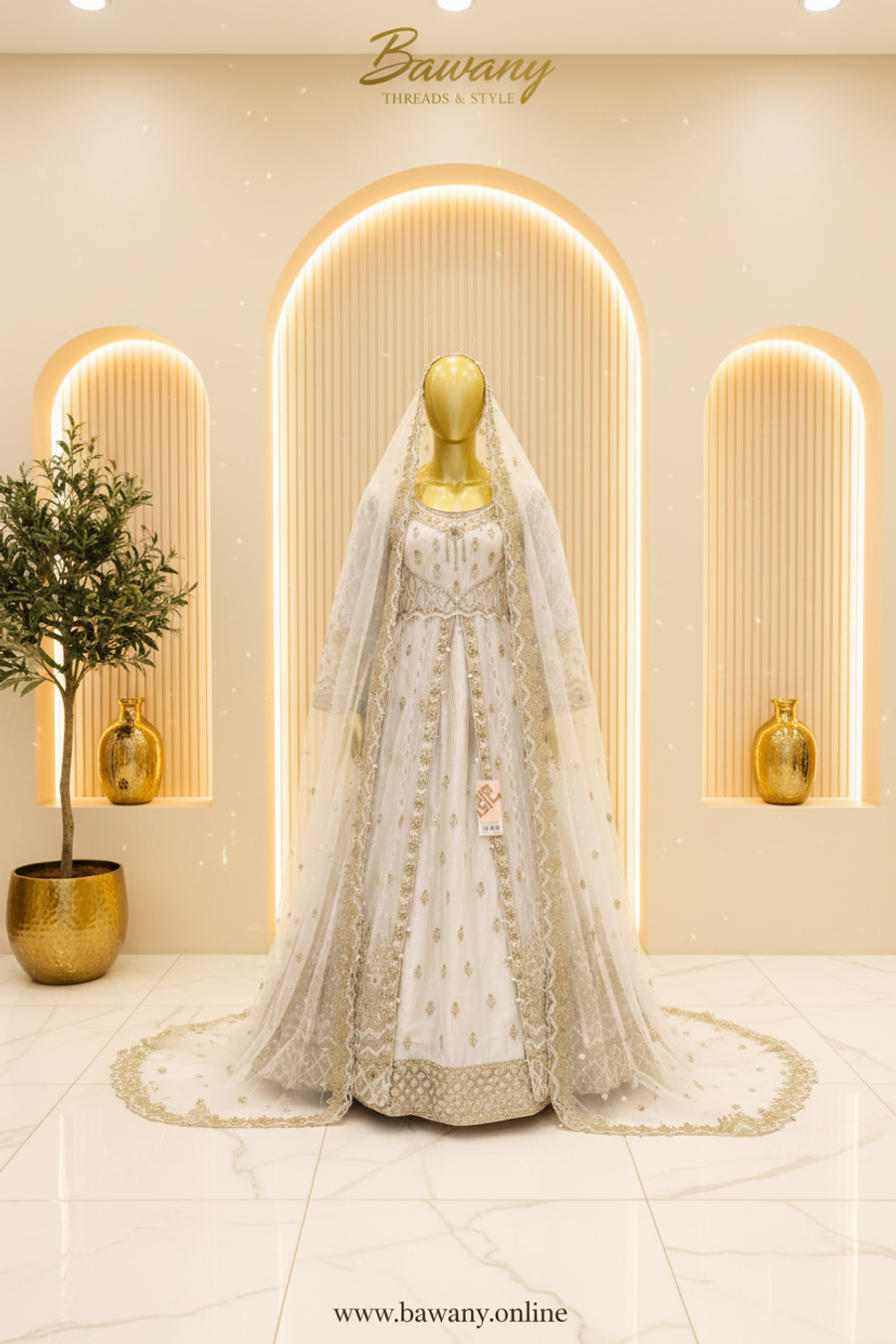 White Bridal Open-Front Jacket Gown | Diamond Lattice Silver Zardozi & Bell Sleeves | 2-Piece Pakistani Formal Wear | Ivory White Wedding Gown | Scalloped Waistband | Matching White Dupatta | Nikah & Walima Collection — view 2 — Organza by Bawany Threads & Style