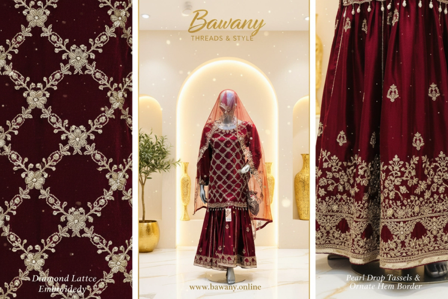 Deep Maroon Bridal Sharara Set | Full-Body Diamond Lattice Gold Zardozi & Pearl Drop Tassels | 3-Piece Pakistani Bridal Wear | Dark Burgundy Velvet Kurti | Floral Bouquet Motifs at Every Lattice Intersection | Wide Flared Sharara & Matching Dupatta | Barat & Walima Collection — view 4 — Formals by Bawany Threads & Style