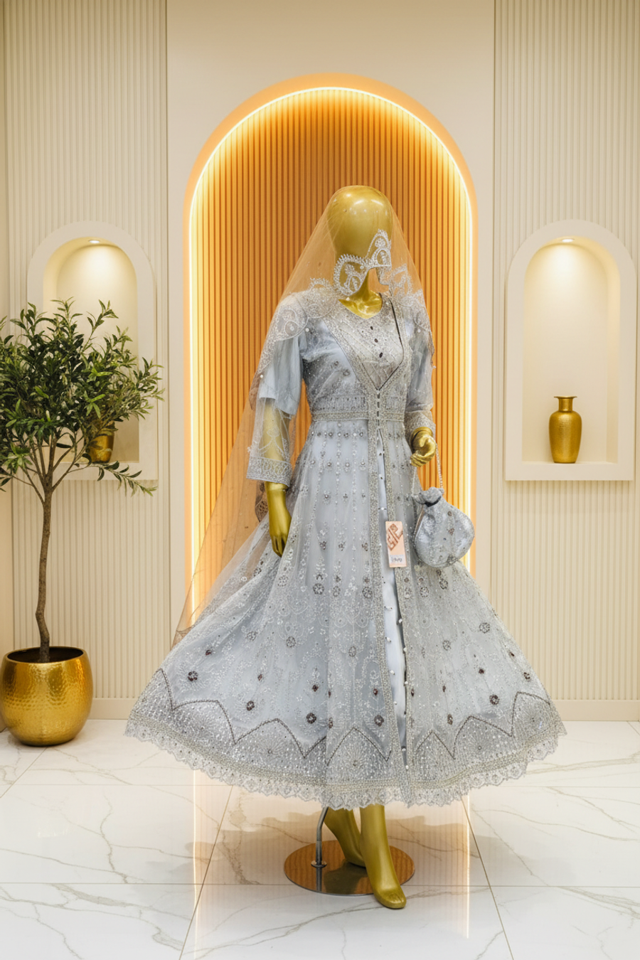 Pale Silver Embroidered Bridal Dress | Floral & Geometric Silverwork | Pakistani Formal Wear | Matching Veil & Potli | Wedding Collection — view 4 — Formals by Bawany Threads & Style