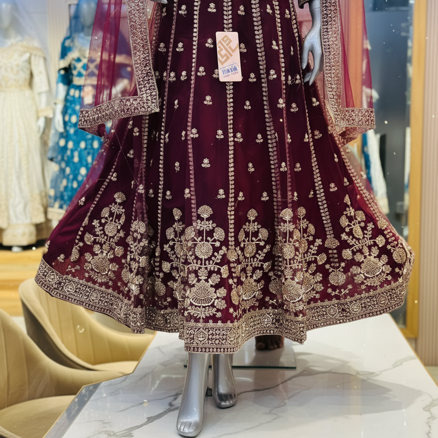 Burgundy Bridal Anarkali Gown | Silver Zardozi Vertical Row Motifs & Central Chest Bouquet | 2-Piece Pakistani Formal Wear | Wine Red Wedding Gown | Deep Pink Dupatta | Barat & Walima Collection — view 4 — Formals by Bawany Threads & Style