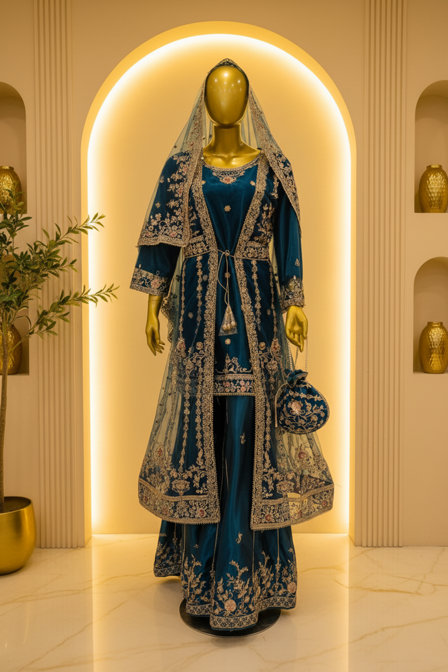 Teal Blue Silk Gold Zardozi Gharara Set | Bridal Gharara with Dupatta & Potli Bag — Bridal by Bawany Threads & Style