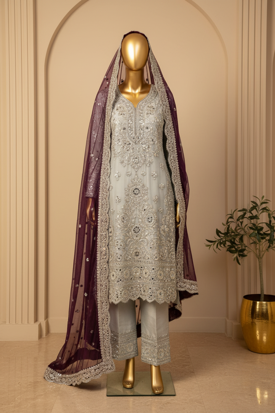 Icy Silver Zardozi Embroidered 3-Piece Suit with Mulberry Dupatta — Bridal by Bawany Threads & Style
