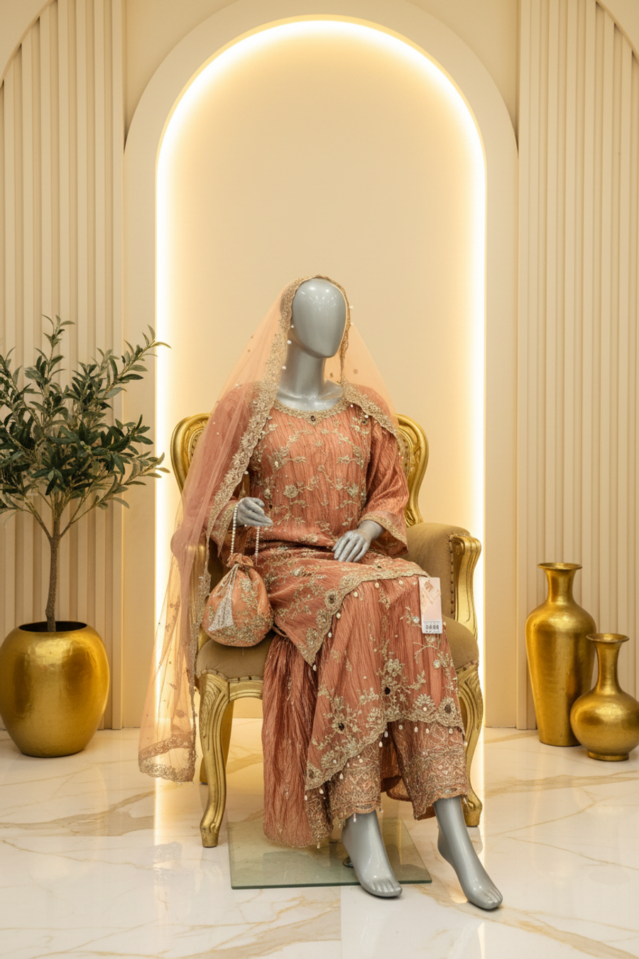 Peach Salmon Crushed Net Gharara Set | Gold Silver Embroidery Mirror Work & Potli Bag — view 3 — Bridal by Bawany Threads & Style