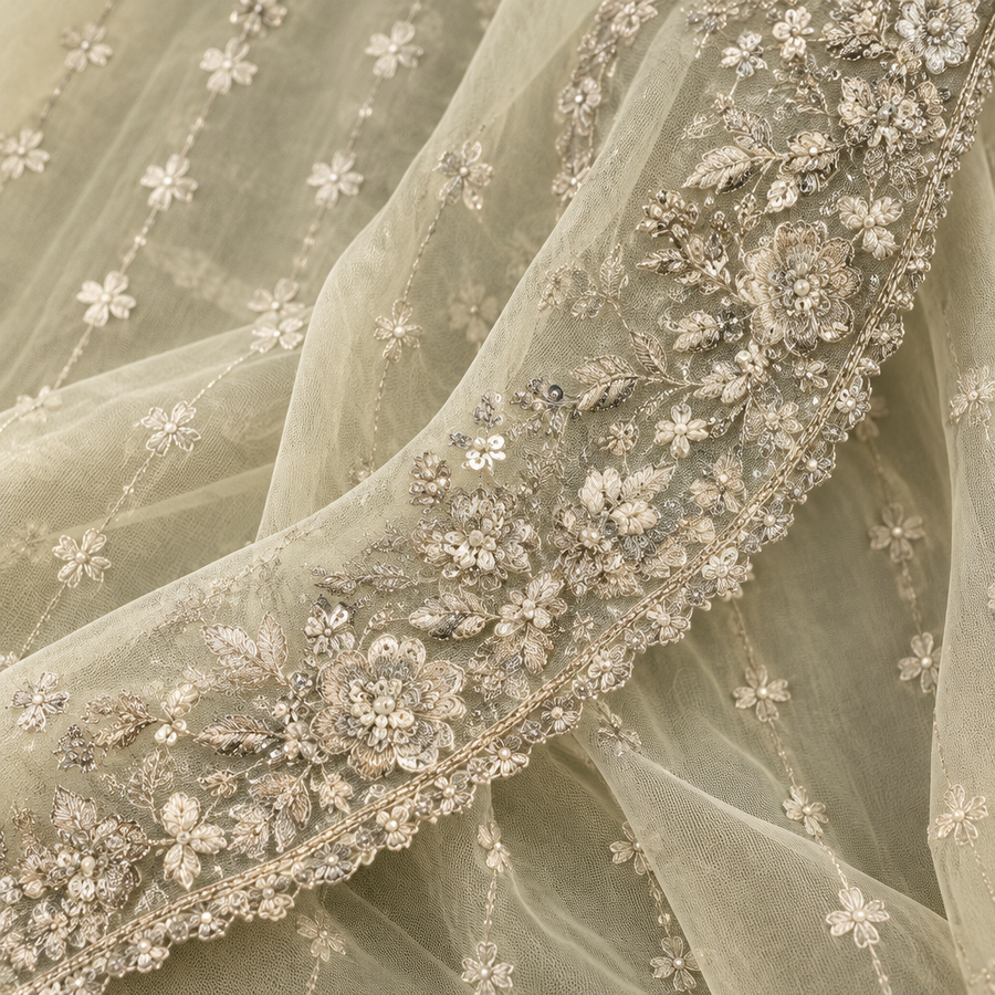 Olive Grey Floral Elegance | Metallic Embroidery & Textured Flared Trousers | Pakistani Formal Kameez Ensemble | Sheer Ivory-Sage Dupatta | BAWANY Collection — view 3 — Formals by Bawany Threads & Style