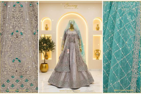 Silver Grey Bridal Anarkali Gown | All-Over Silver Zardozi & Emerald Green Mirror Embellishments | 2-Piece Pakistani Formal Wear | Dove Grey Wedding Gown | Pearl Waistband Drops | Mint Green Dupatta | Walima Collection — Bridal by Bawany Threads & Style