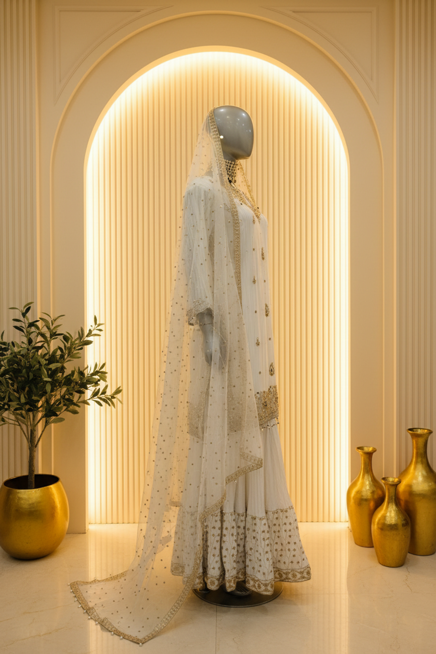 Ice White Gold & Black Stone Embroidered Bridal Sharara Set | Nikah & Walima — view 2 — Bridal by Bawany Threads & Style
