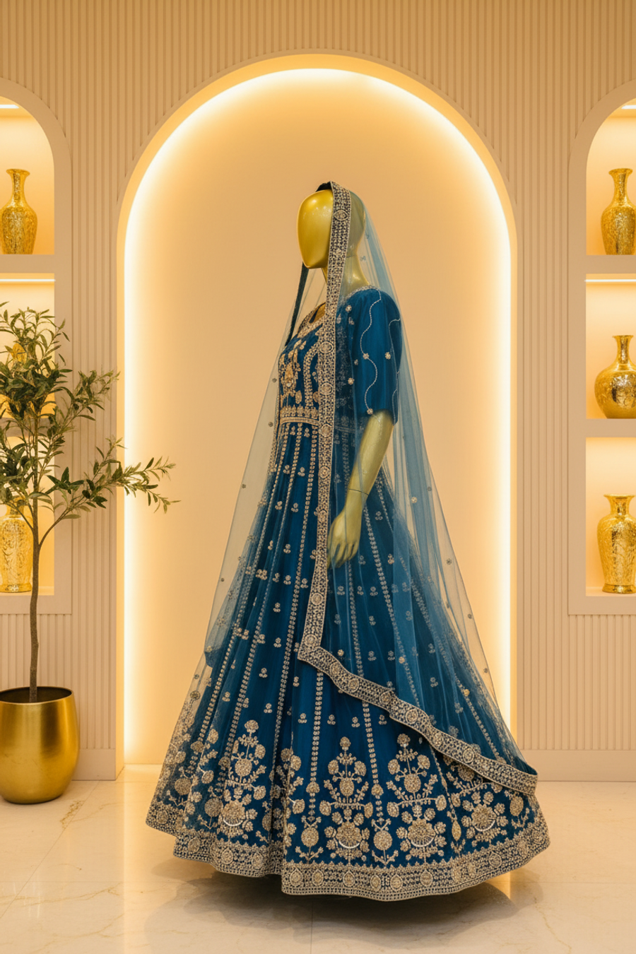 Teal Blue Heavy Zardozi Embroidered Bridal Anarkali | Gold Booti & Veil — view 2 — Bridal by Bawany Threads & Style