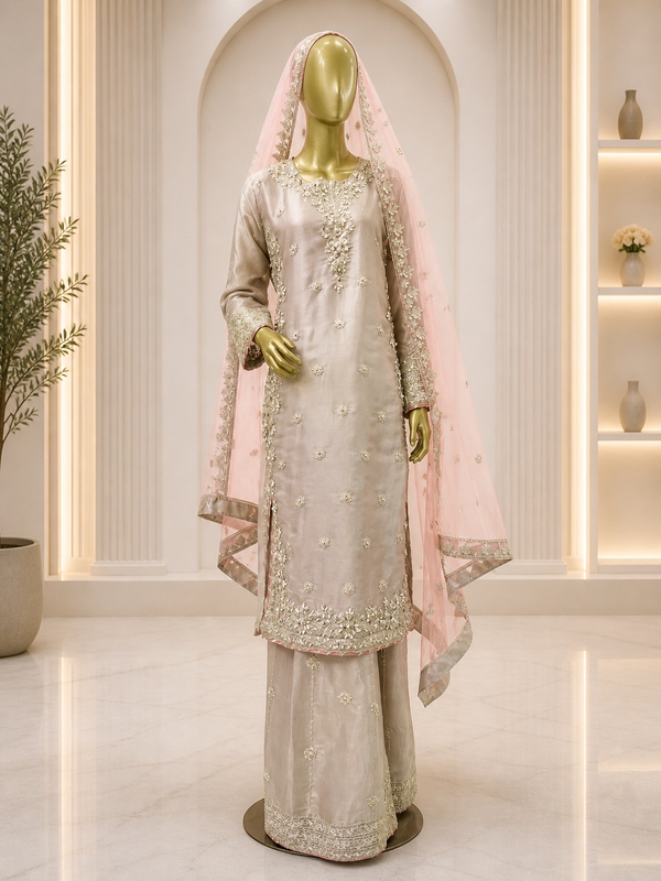 Elegant Champagne Beige Silver Embroidered Pakistani Formal Suit with Pink Dupatta — Formals by Bawany Threads & Style