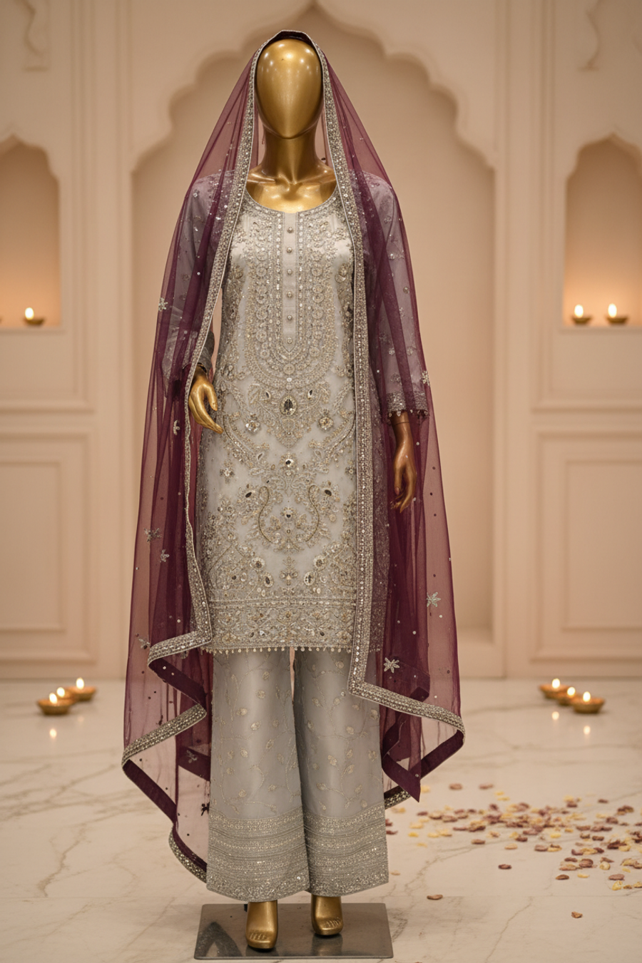 Icy Silver Zardozi Embroidered 3-Piece Suit with Mulberry Dupatta — view 4 — Bridal by Bawany Threads & Style