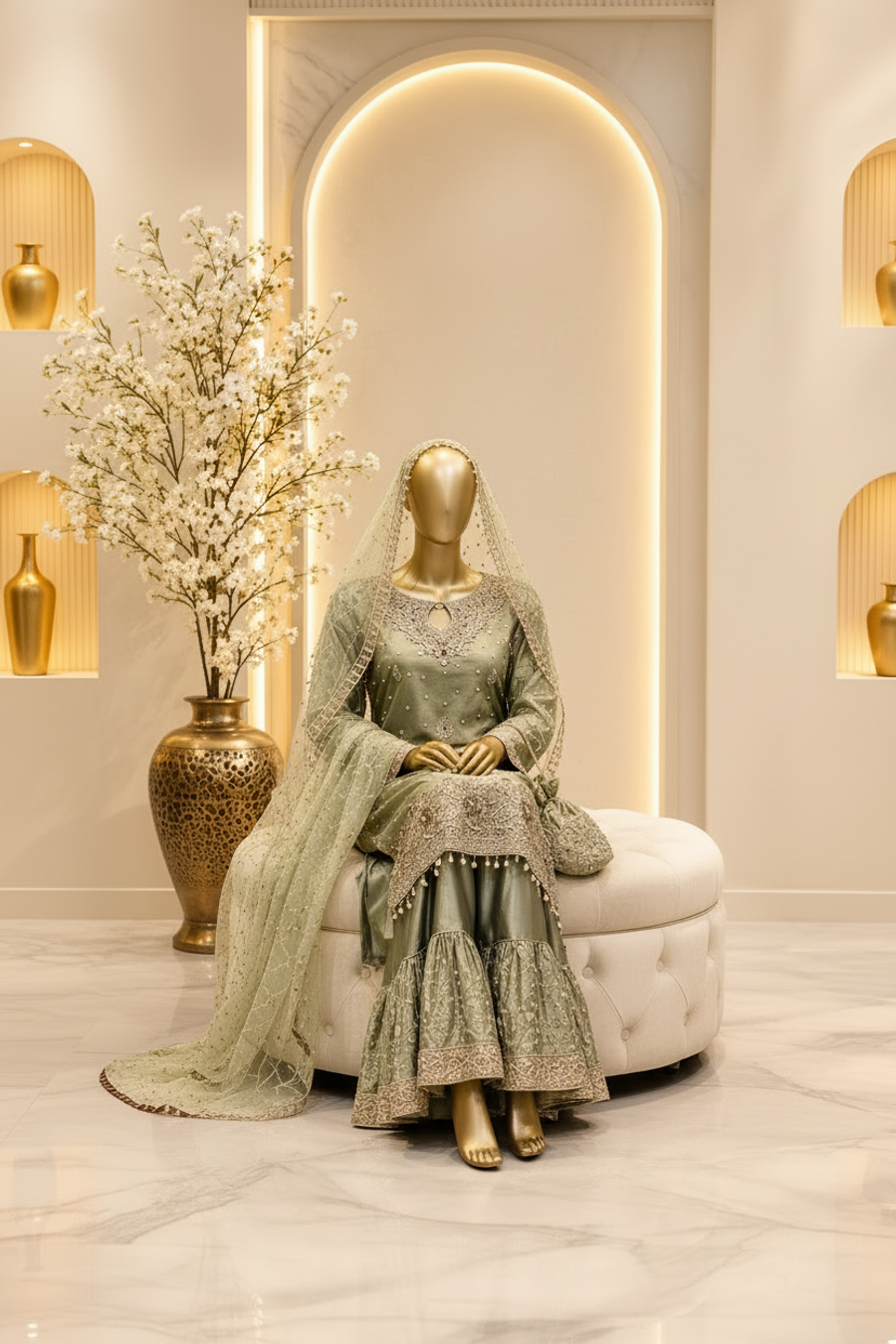 Sage Olive Embroidered Kameez Set | Metallic Pearl Floral Border | 3-Piece Pakistani Formal Suit | Ivory Dupatta & Matching Potli | Formal Collection — view 3 — Chiffon by Bawany Threads & Style
