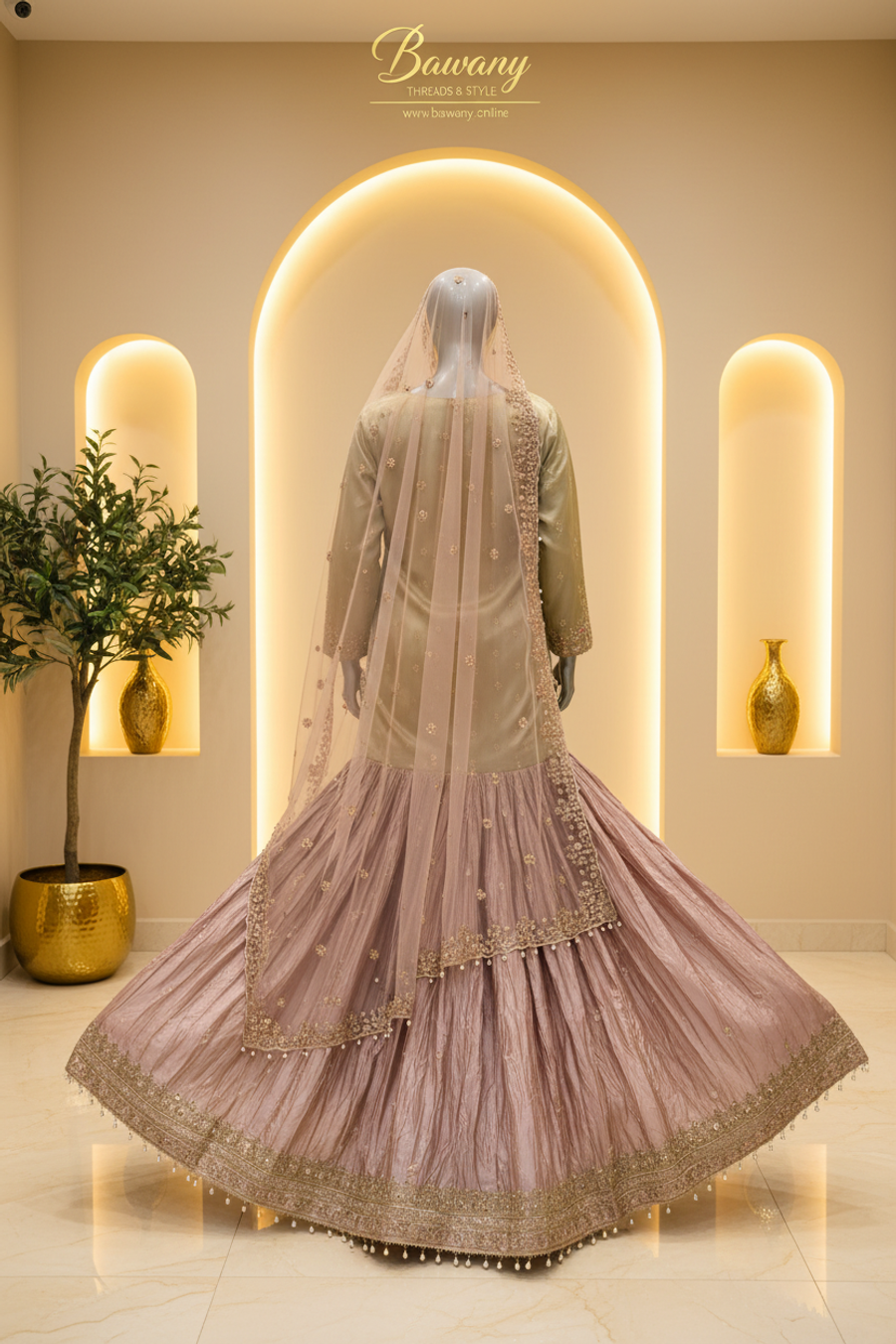 Olive & Mauve Two-Tone Bridal Gharara Set | Gold Zardozi Star Motifs & Pearl Drop Fringe | 3-Piece Pakistani Formal Suit | Sage Green & Lilac Pink | Walima & Barat Collection — view 3 — Formals by Bawany Threads & Style