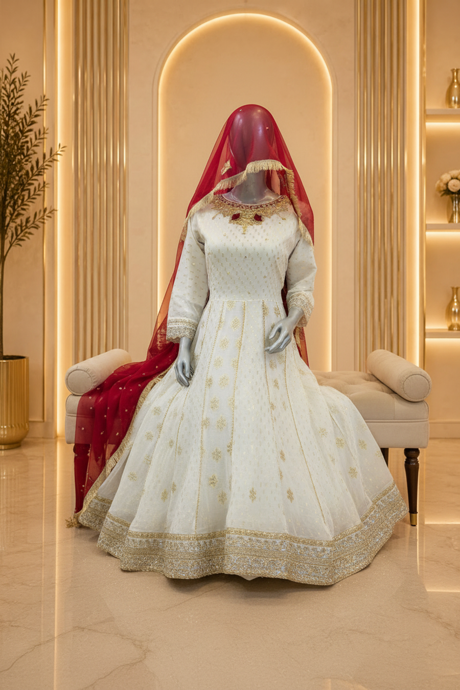 Pearl White Gold Tilla Anarkali Gown with Crimson Red Dupatta — view 3 — Bridal by Bawany Threads & Style