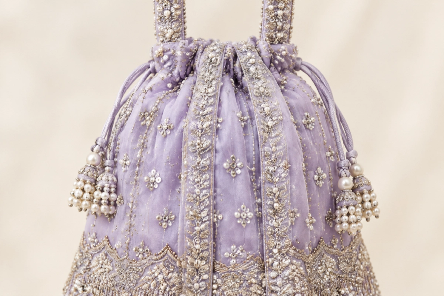 Lavender Moonlight Layered Dress | Metallic Floral Embroidery & Scalloped Hem | Front-Open Flared Silhouette | Sheer Veil & Matching Potli | BAWANY Threads & Style — view 3 — Chiffon by Bawany Threads & Style