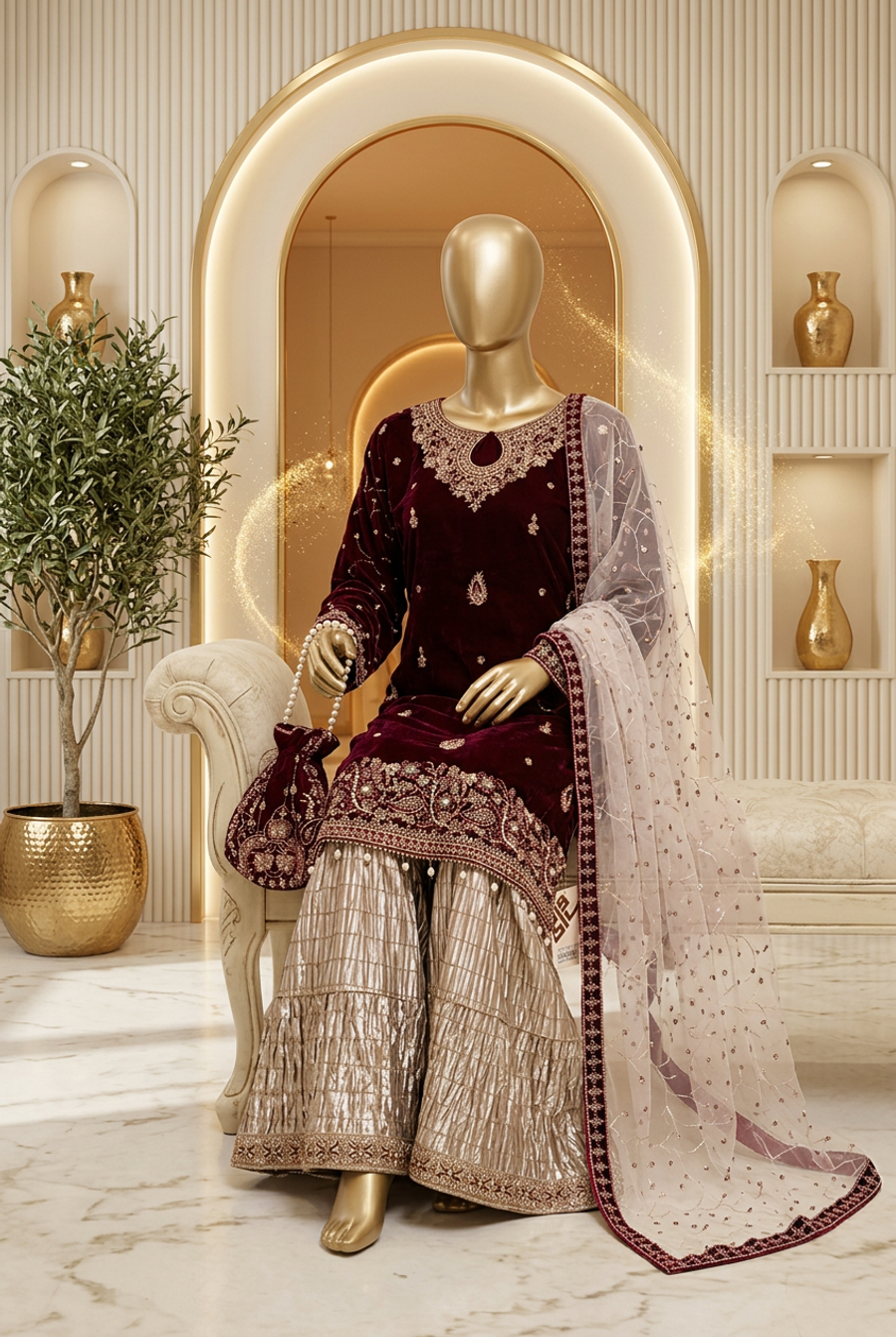 Burgundy Royal Paisley | Teardrop Neckline & Pearl-Drop Hem | Pakistani Formal Kameez Ensemble | Champagne Flared Trousers & Matching Potli | BAWANY Collection — view 4 — Bridal by Bawany Threads & Style