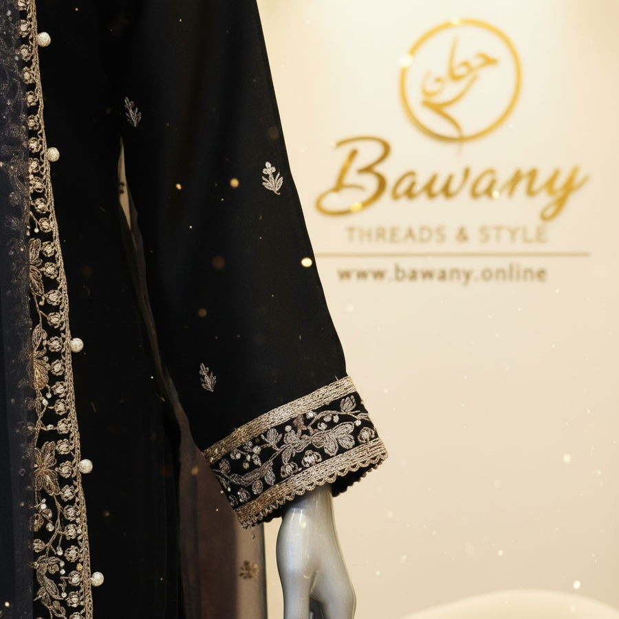 Jet Black Bridal Sharara Set | Tree-of-Life Chest Motif & Silver Yoke Border & Floral Tree Vine Sharara | 3-Piece Pakistani Formal Wear | Black Velvet Georgette Sharara | Pearl Tassel Borders | Round Neckline Pearl Drop | Walima & Formal Collection — view 4 — Organza by Bawany Threads & Style