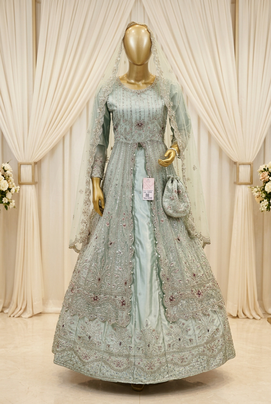 Mint Sage Floral Cascade | Silver Embroidery & Layered Scalloped Hem | Pakistani Formal Open-Front Gown | Sheer Dupatta & Matching Potli | BAWANY Collection — view 2 — Organza by Bawany Threads & Style