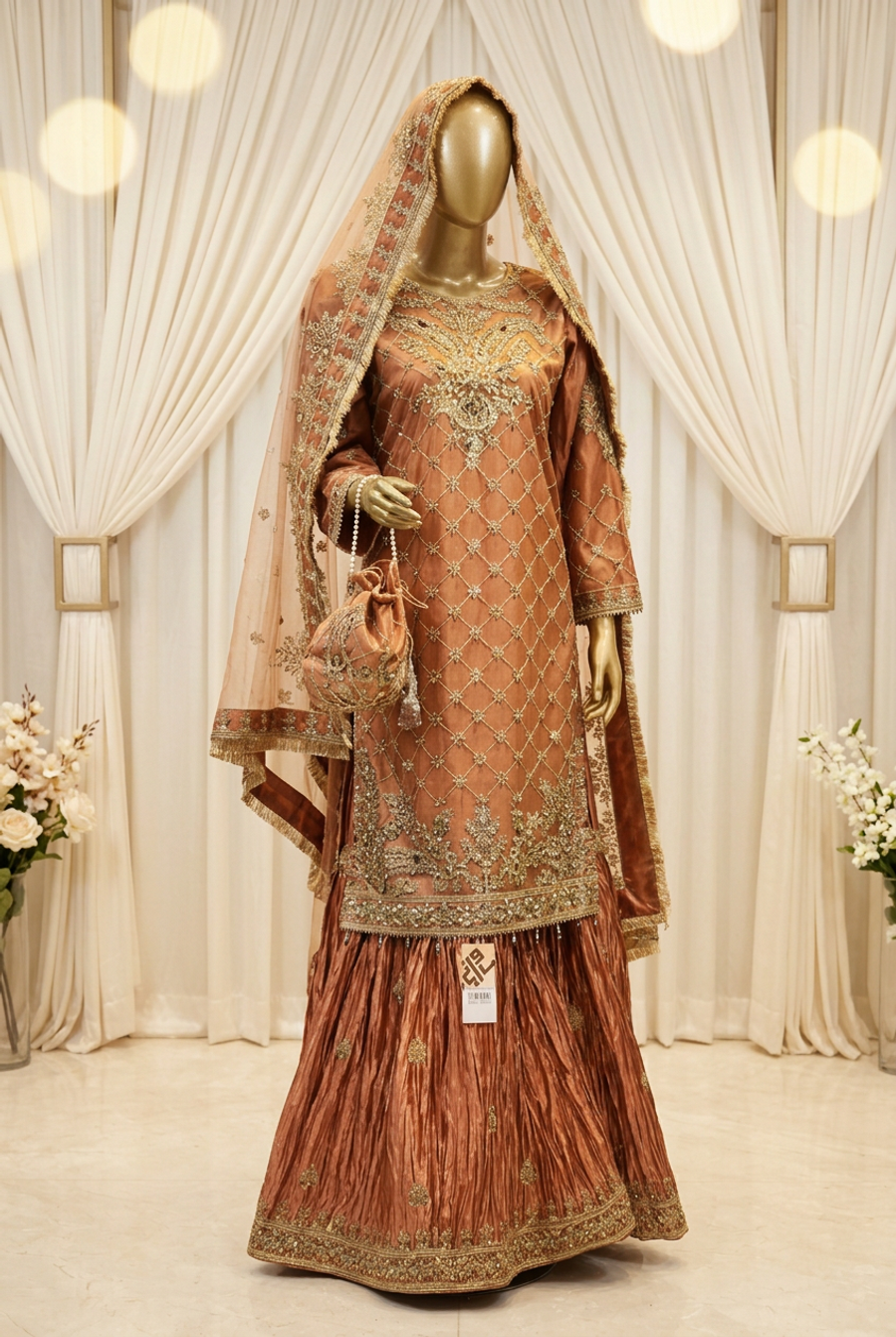 Copper Rust Golden Lattice | Ornate Floral Embroidery | Pakistani Formal Kameez Ensemble | Crinkled Flare, Bordered Dupatta & Matching Potli | BAWANY Collection — view 2 — Tissue by Bawany Threads & Style