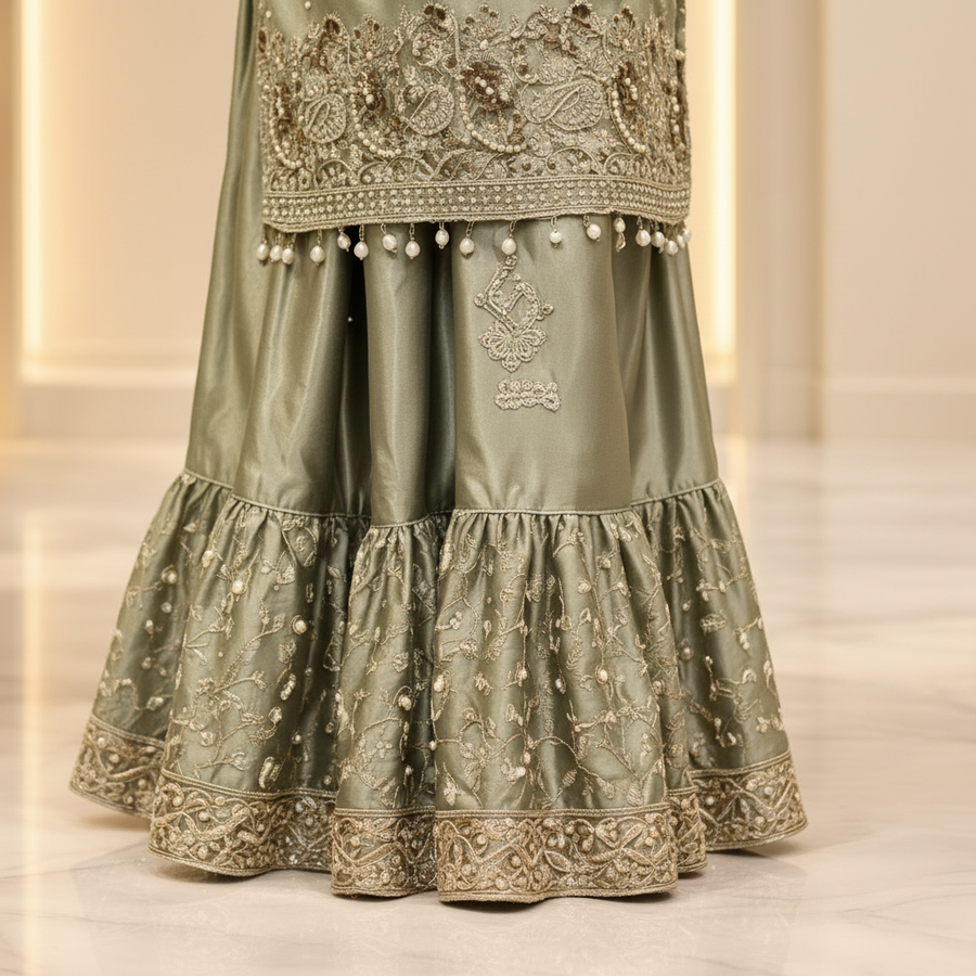 Sage Olive Embroidered Kameez Set | Metallic Pearl Floral Border | 3-Piece Pakistani Formal Suit | Ivory Dupatta & Matching Potli | Formal Collection — view 4 — Chiffon by Bawany Threads & Style