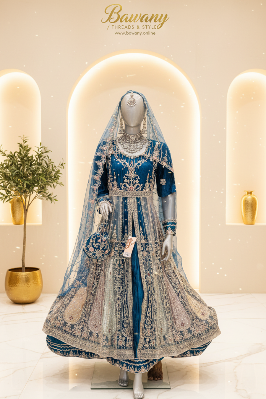 Teal Blue Bridal Suit | Silver Zardozi Yoke Border & Net Panel Skirt | 3-Piece Pakistani Formal Wear | Peacock Blue Wedding Suit | Pearl Drop Cuffs | Barat & Walima Collection — view 2 — Formals by Bawany Threads & Style