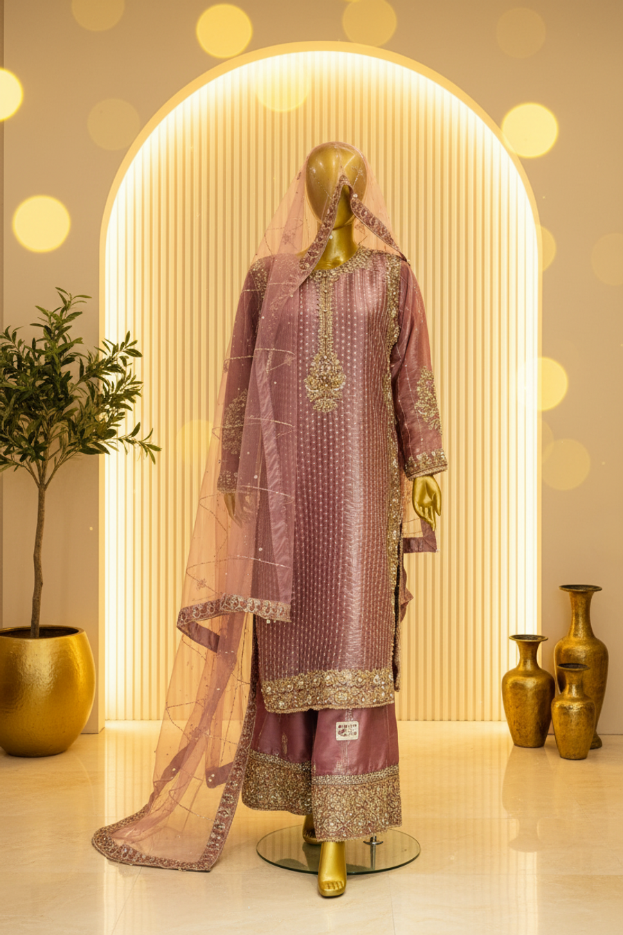 Dusty Rose Mauve Organza Gharara Set | Gold Zardozi Pendant Motif & Sequin Embroidery — view 4 — Bridal by Bawany Threads & Style