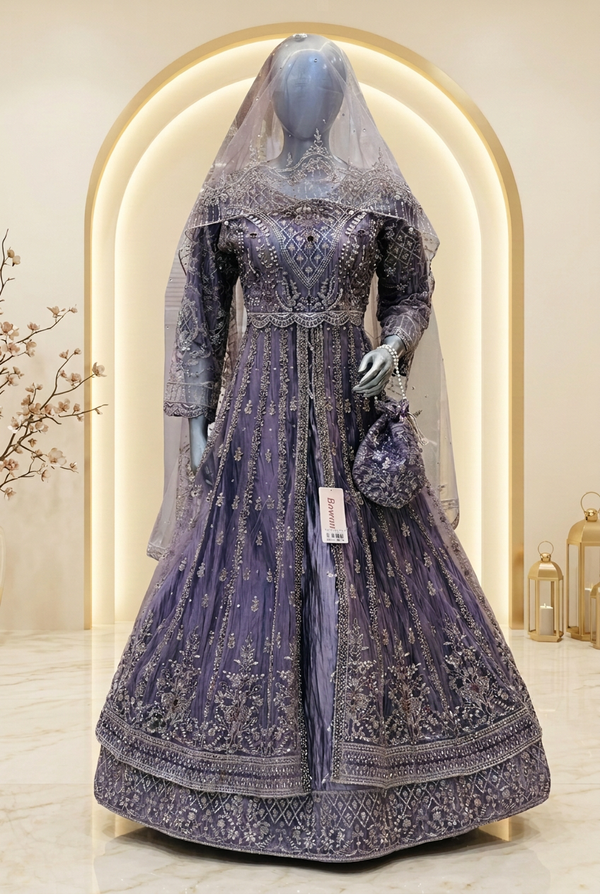 Smoky Violet Silver Majesty Dress | Geometric & Floral Embroidery | Open-Front Layered Flared Outfit | Pale Lilac Veil & Matching Potli | Wedding Edit — Tissue by Bawany Threads & Style